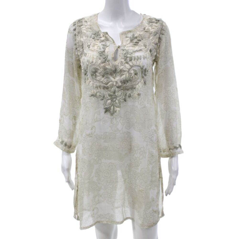 Raj Women Kaftan Floral Silk Long Sleeve Knee Length Beige Size S